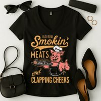 Old Row Smokin Meats And Clapping Cheeks Funny Bbq Women's V-Neck T-Shirt