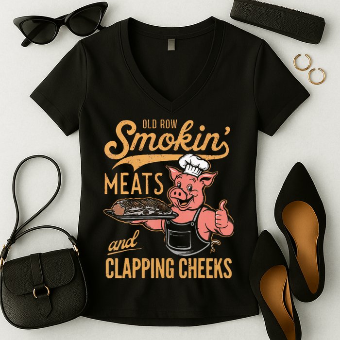 Old Row Smokin Meats And Clapping Cheeks Funny Bbq Women's V-Neck T-Shirt