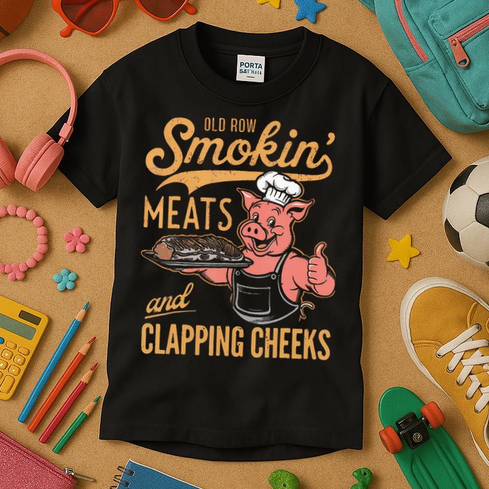 Old Row Smokin Meats And Clapping Cheeks Funny Bbq Kids T-Shirt