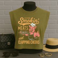 Old Row Smokin Meats And Clapping Cheeks Funny Bbq Garment-Dyed Women's Muscle Tee