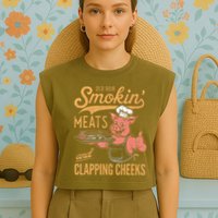 Old Row Smokin Meats And Clapping Cheeks Funny Bbq Garment-Dyed Women's Muscle Tee
