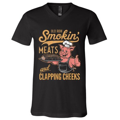 Old Row Smokin Meats And Clapping Cheeks Funny V-Neck T-Shirt