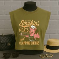 Old Row Smokin Meats And Clapping Cheeks Funny Garment-Dyed Women's Muscle Tee