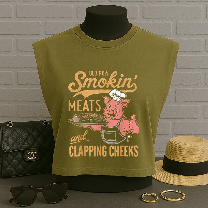 Old Row Smokin Meats And Clapping Cheeks Funny Garment-Dyed Women's Muscle Tee