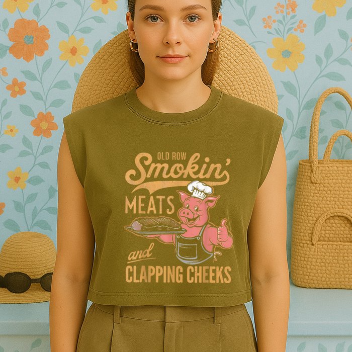 Old Row Smokin Meats And Clapping Cheeks Funny Garment-Dyed Women's Muscle Tee