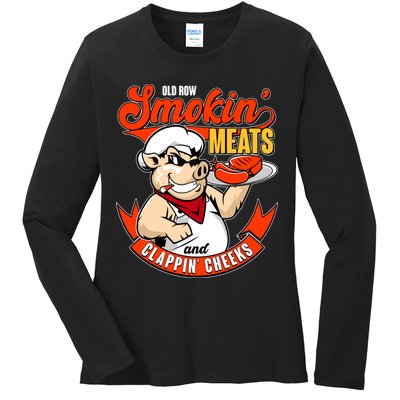 Old Row Smokin Meats And Clappin Cheeks Bbq Ladies Long Sleeve Shirt