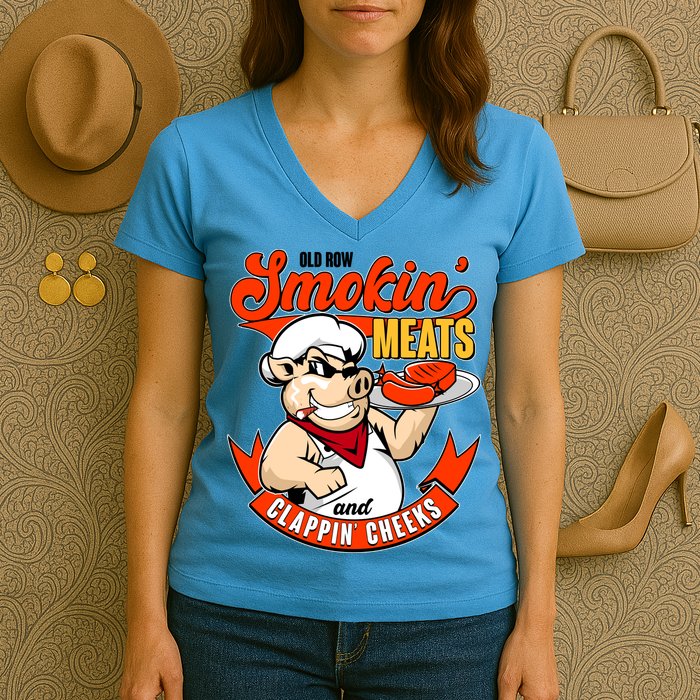 Old Row Smokin Meats And Clappin Cheeks Bbq Women's V-Neck T-Shirt