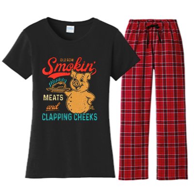 Old Row Smokin Meats And Clapping Cheeks Funny Bbq Women's Flannel Pajama Set