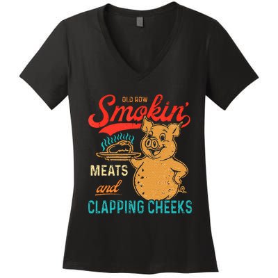 Old Row Smokin Meats And Clapping Cheeks Funny Bbq Women's V-Neck T-Shirt