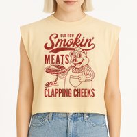 Old Row Smokin Meats And Clapping Cheeks Funny Bbq Garment-Dyed Women's Muscle Tee