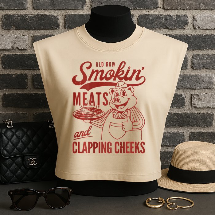 Old Row Smokin Meats And Clapping Cheeks Funny Bbq Garment-Dyed Women's Muscle Tee