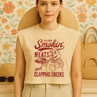 Old Row Smokin Meats And Clapping Cheeks Funny Bbq Garment-Dyed Women's Muscle Tee
