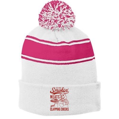 Old Row Smokin Meats And Clapping Cheeks Funny Bbq Stripe Pom Pom Beanie