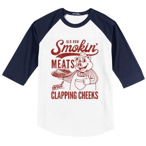 Old Row Smokin Meats And Clapping Cheeks Funny Bbq Baseball Sleeve Shirt