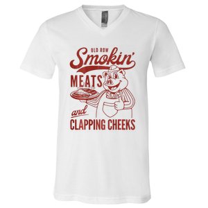 Old Row Smokin Meats And Clapping Cheeks Funny Bbq V-Neck T-Shirt