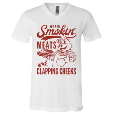 Old Row Smokin Meats And Clapping Cheeks Funny Bbq V-Neck T-Shirt
