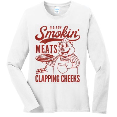Old Row Smokin Meats And Clapping Cheeks Funny Bbq Ladies Long Sleeve Shirt