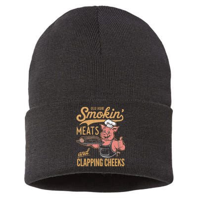 Old Row Smokin Meats And Clapping Cheeks Funny Sustainable Knit Beanie