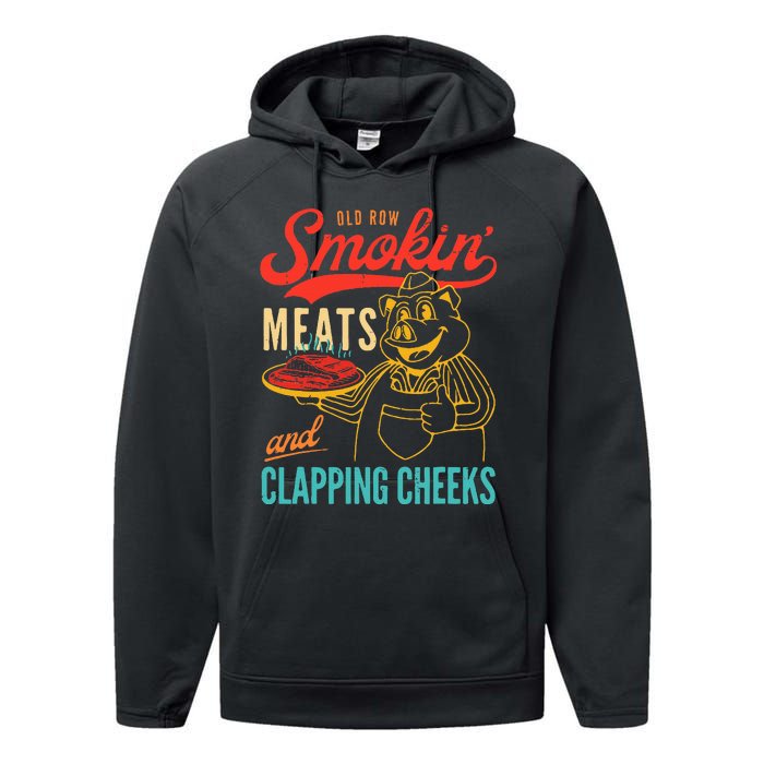 Old Row Smokin Meats And Clapping Cheeks Funny Performance Fleece Hoodie