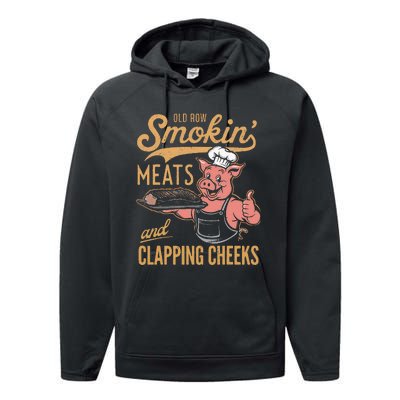 Old Row Smokin Meats And Clapping Cheeks Funny Performance Fleece Hoodie