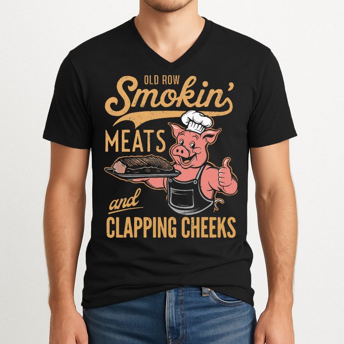 Old Row Smokin Meats And Clapping Cheeks Funny V-Neck T-Shirt