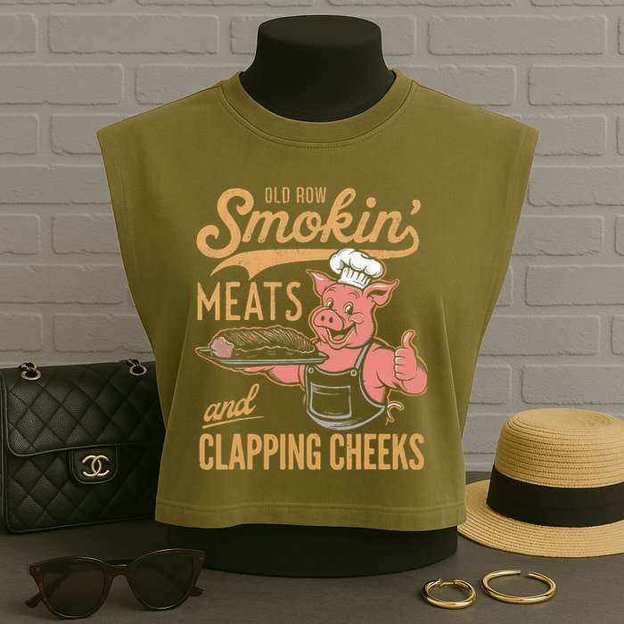 Old Row Smokin Meats And Clapping Cheeks Funny Garment-Dyed Women's Muscle Tee