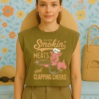 Old Row Smokin Meats And Clapping Cheeks Funny Garment-Dyed Women's Muscle Tee