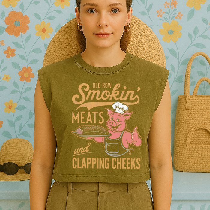 Old Row Smokin Meats And Clapping Cheeks Funny Garment-Dyed Women's Muscle Tee