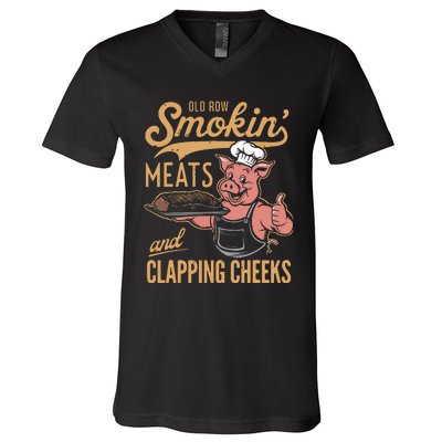 Old Row Smokin Meats And Clapping Cheeks Funny V-Neck T-Shirt