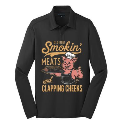 Old Row Smokin Meats And Clapping Cheeks Funny Silk Touch Performance Long Sleeve Polo