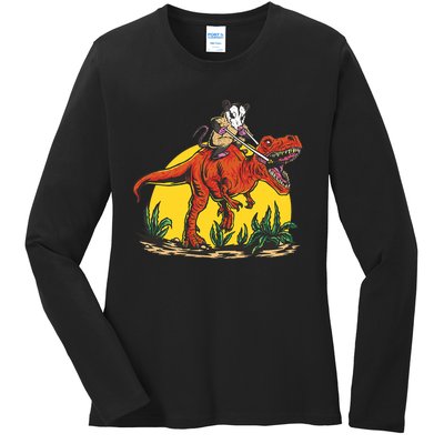 Opossum Riding T Rex Dinosaur Ladies Long Sleeve Shirt