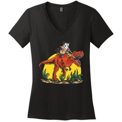 Opossum Riding T Rex Dinosaur Women's V-Neck T-Shirt