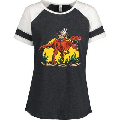 Opossum Riding T Rex Dinosaur Enza Ladies Jersey Colorblock Tee