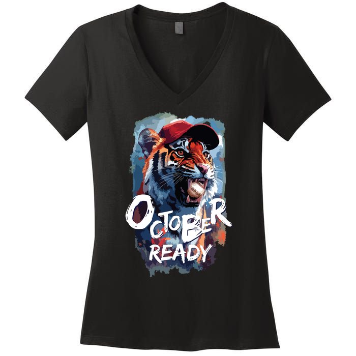 October Ready Tiger Baseball Sports Playoffs Women's V-Neck T-Shirt