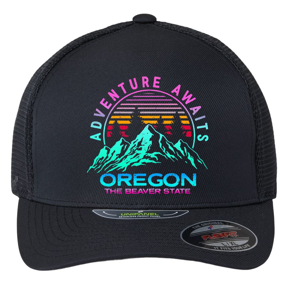 Oregon Retro Vintage Mountain Outdoors State Flexfit Unipanel Trucker Cap