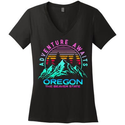 Oregon Retro Vintage Mountain Outdoors State Women's V-Neck T-Shirt