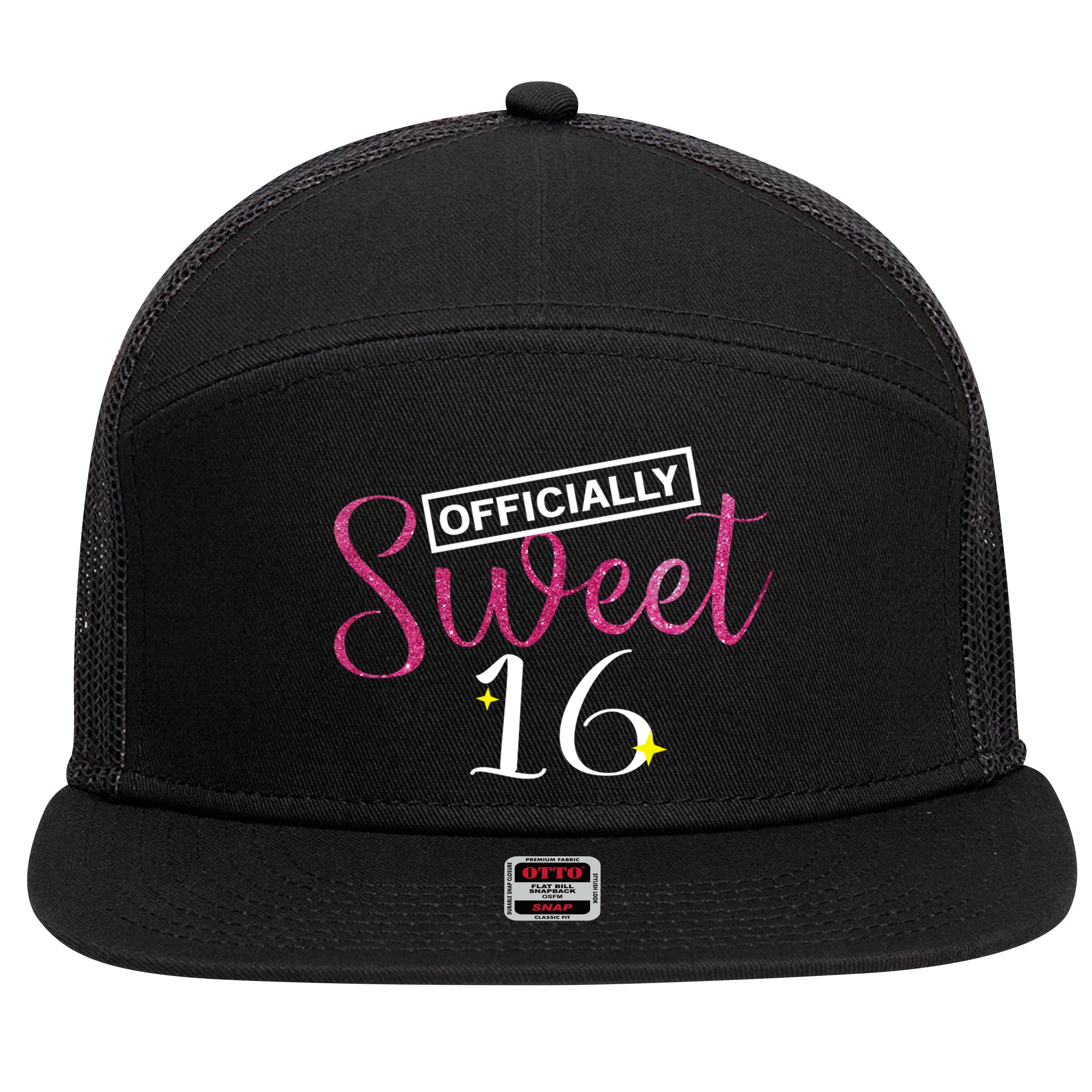 Officially Sweet 16 | Sixteenth Birthday Teen Girl Gift 7 Panel Mesh Trucker Snapback Hat