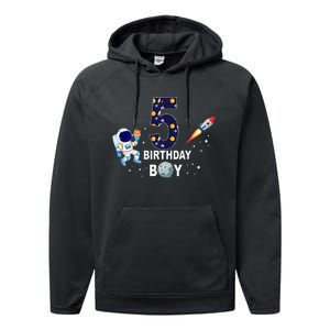 Outer Space 5th Birthday 5 Year Old Solar System Astronaut Performance Fleece Hoodie