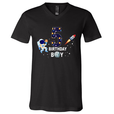 Outer Space 5th Birthday 5 Year Old Solar System Astronaut V-Neck T-Shirt