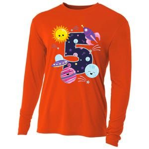 Outer Space 5 Year Old 5th Birthday Party Space Theme Cooling Performance Long Sleeve Crew