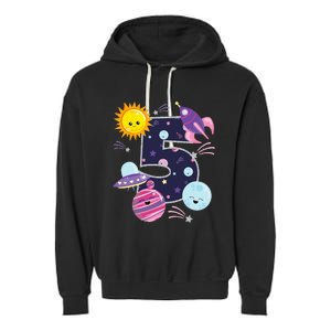 Outer Space 5 Year Old 5th Birthday Party Space Theme Garment-Dyed Fleece Hoodie