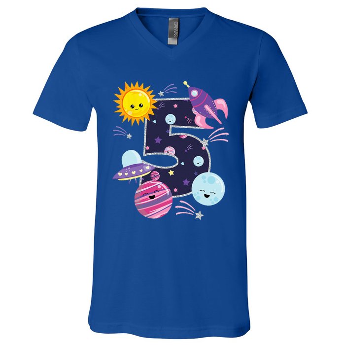 Outer Space 5 Year Old 5th Birthday Party Space Theme V-Neck T-Shirt