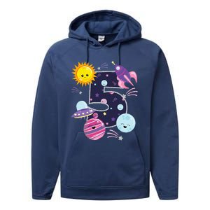 Outer Space 5 Year Old 5th Birthday Party Space Theme Performance Fleece Hoodie