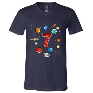 Outer Space 7 Years Old 7th Birthday Planets Astronaut V-Neck T-Shirt