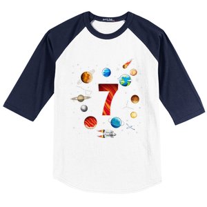 Outer Space 7 Years Old 7th Birthday Planets Astronaut Baseball Sleeve Shirt