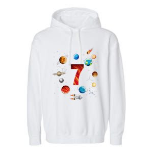 Outer Space 7 Years Old 7th Birthday Planets Astronaut Garment-Dyed Fleece Hoodie