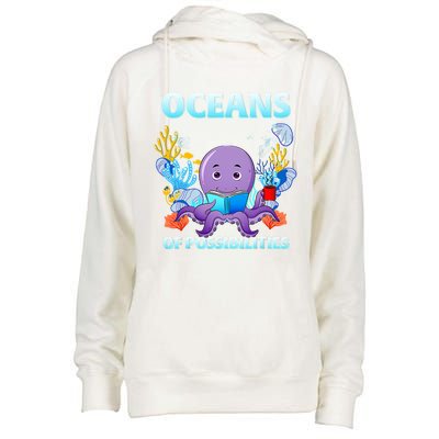 Octopus Sea Animal Summer Reading Oceans Of Possibilities Gift Womens Funnel Neck Pullover Hood