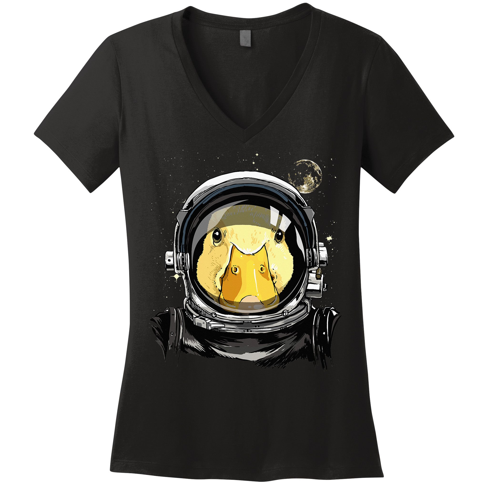 Outer Space Astronaut Duck Face Galaxy Waterfowl Hunting Women's V-Neck T-Shirt