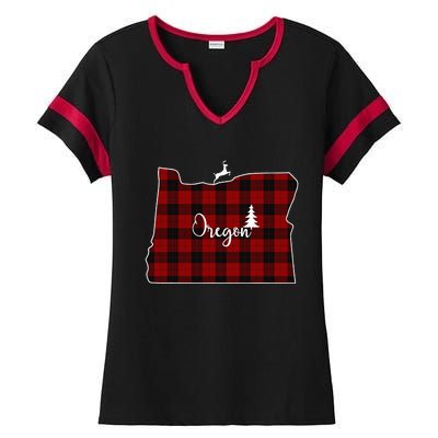 Oregon State Check Plaid Reindeer Christmas Gift For Family Ladies Halftime Notch Neck Tee