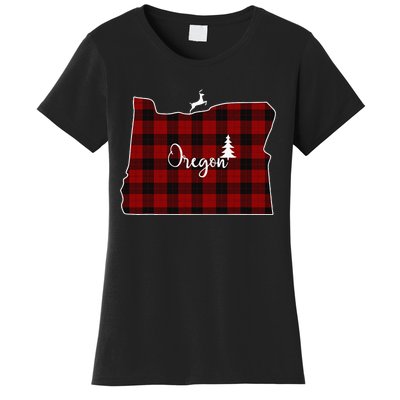 Oregon State Check Plaid Reindeer Christmas Gift For Family Women's T-Shirt